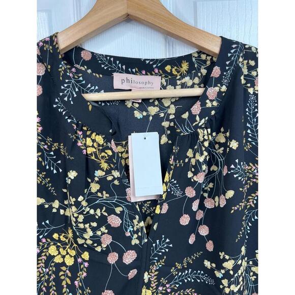 Philosophy Womens Black Floral V-Neck Cuffed Short Sleeve Blouse Bohemian Size S - Picture 5 of 11